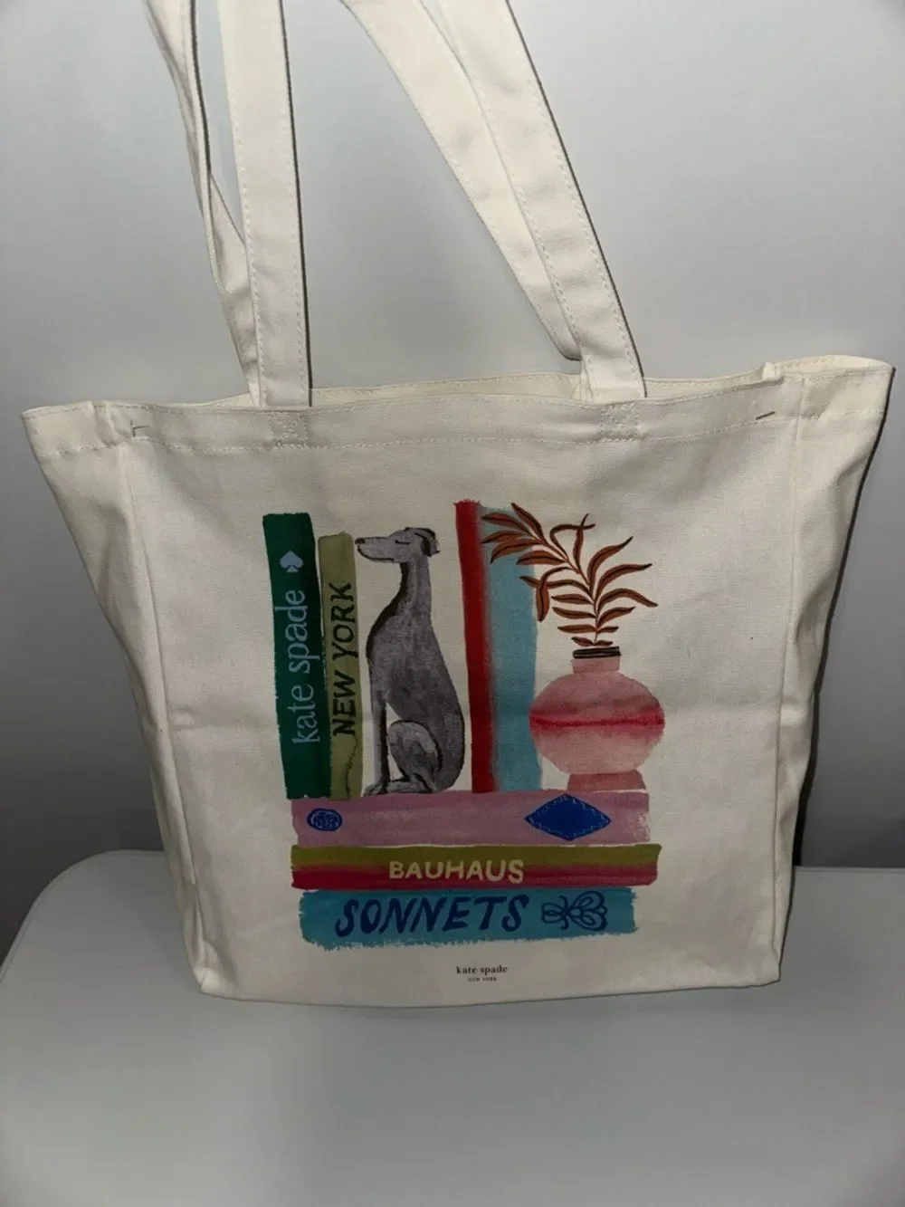 kate spade Ivory Multi Bookshelf Dog Figurine Canvas Tote Bag